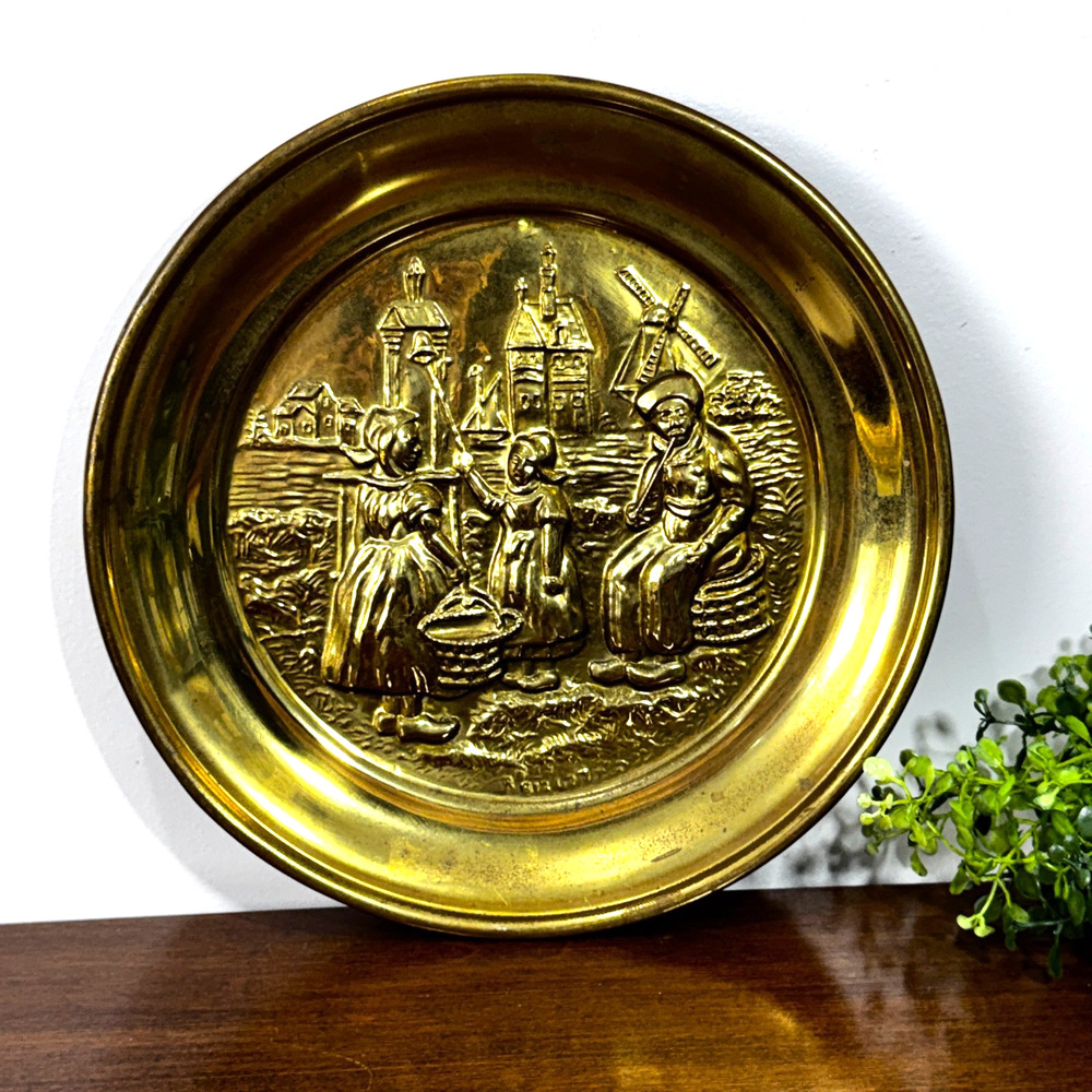 Vintage Brass Relief Wall Hanging Windmill Village Farm 10" MCM Dutch England